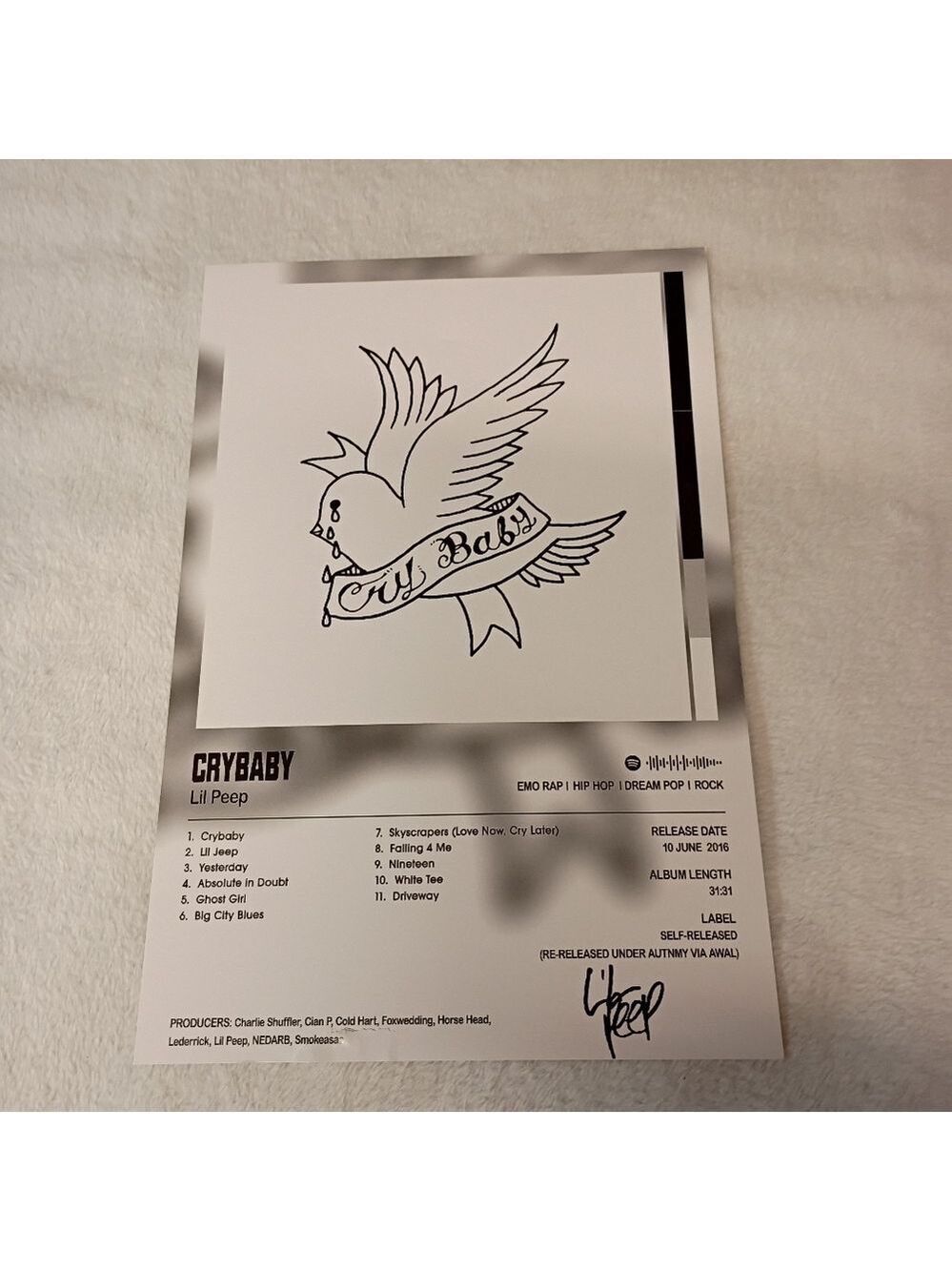 🆓 Free W/Purchase Thick Cardstock Lil Peep Crybaby Album Poster